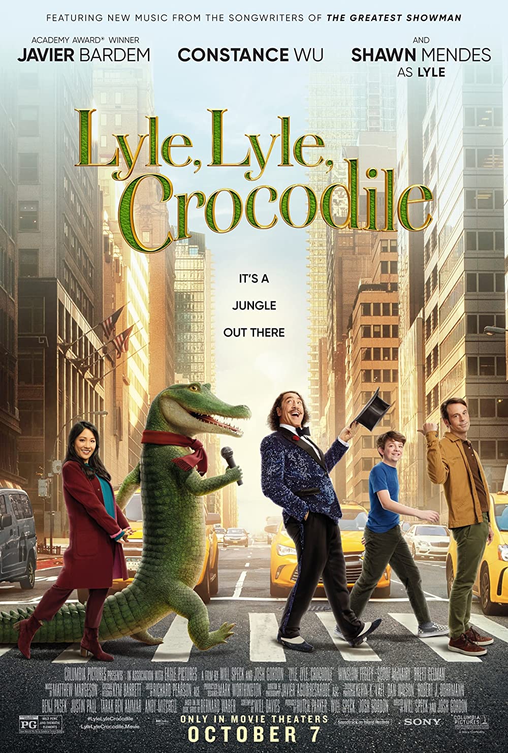 The movie poster for Lyle, Lyle, Crocodile. Lyle, the singing crocodile is walking on his hind legs on a zebra crossing in New York City with human characters from the film. Text above them says, “It’s a jungle out there.”