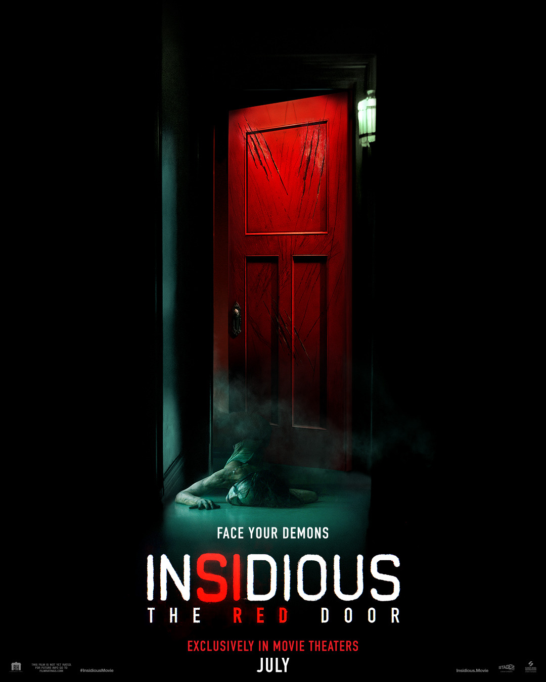 A poster for the movie Insidious: The Red Door with the tag line: Face Your Demons. A scratched red door is ajar with a dead body on the floor half out of the doorway as if they were trying to escape what's beyond the door.